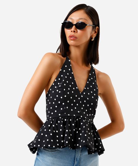 blusa frente única balonê com estampa poá preto