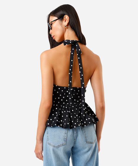 blusa frente única balonê com estampa poá preto