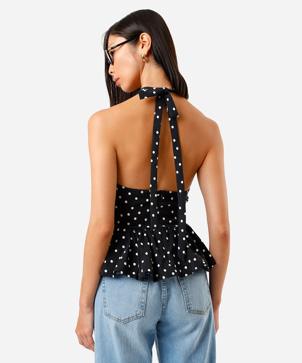 blusa frente única balonê com estampa poá preto