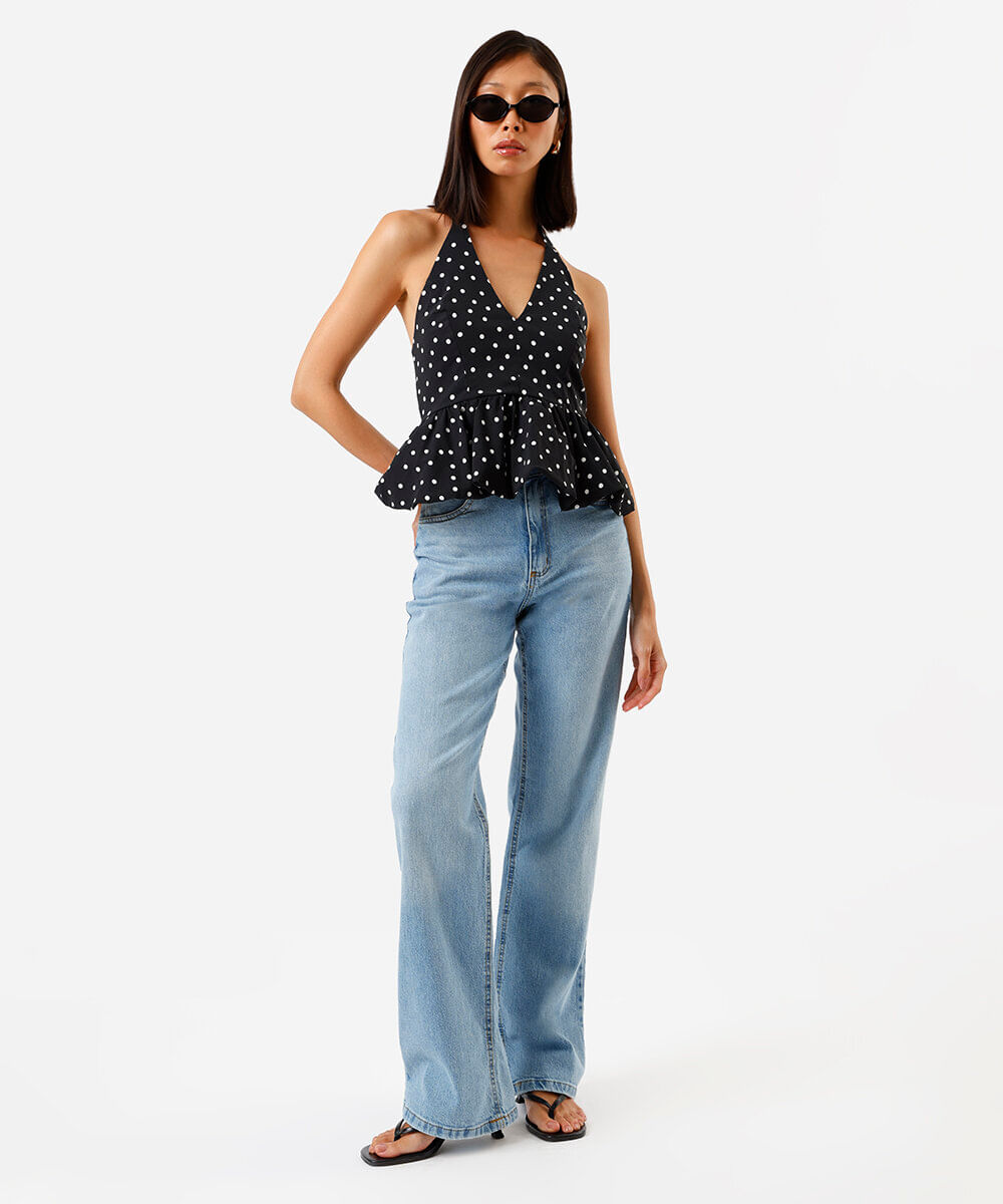 blusa frente única balonê com estampa poá preto