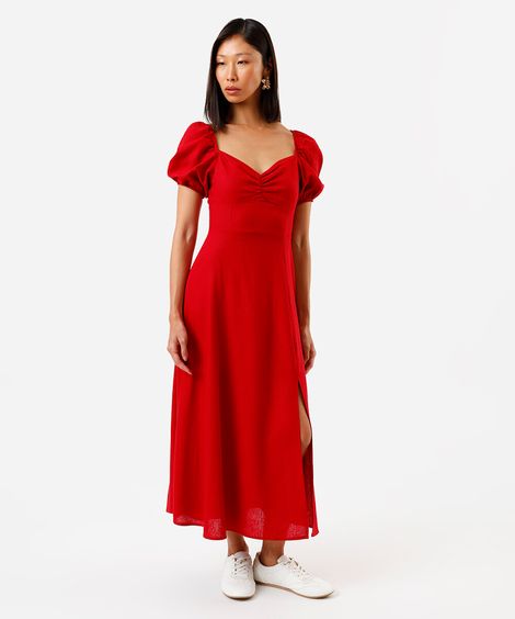 vestido midi feminino com linho decote coração manga bufante vermelho