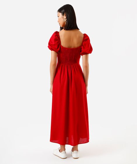 vestido midi feminino com linho decote coração manga bufante vermelho