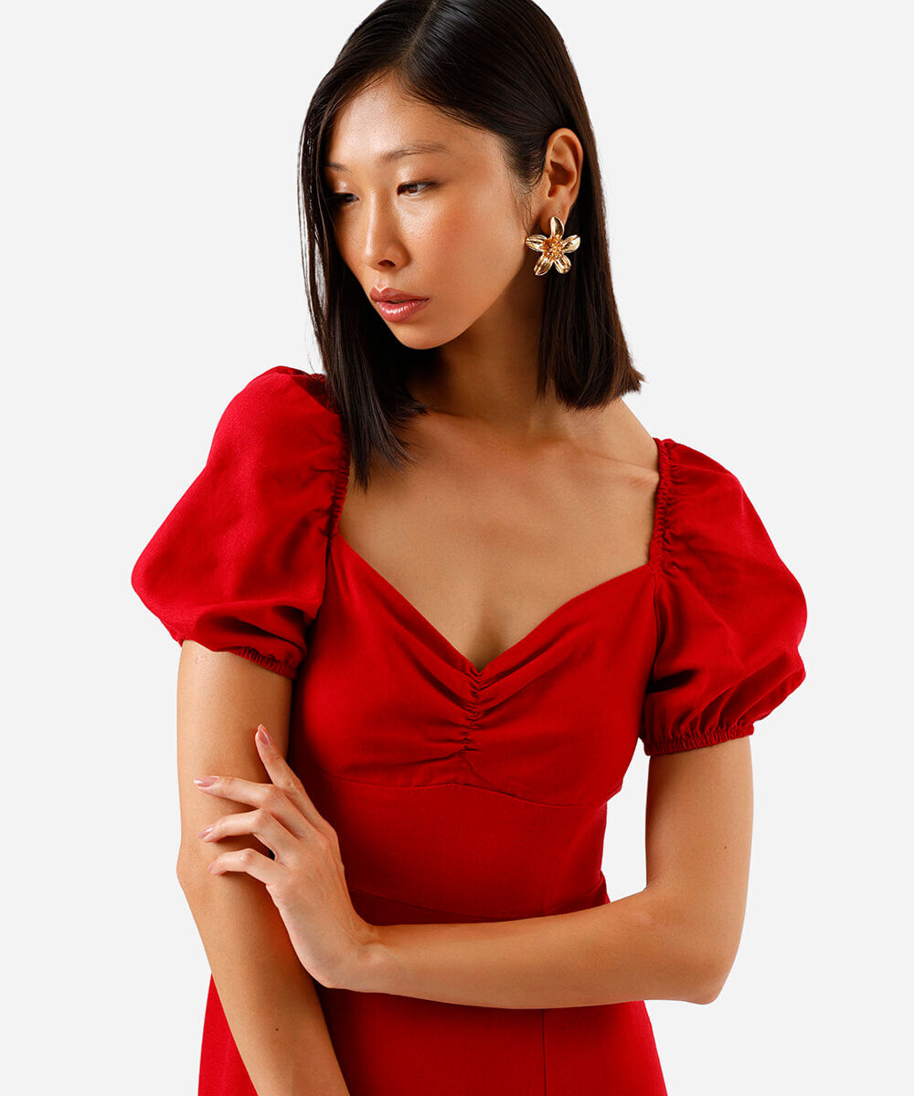 vestido midi feminino com linho decote coração manga bufante vermelho