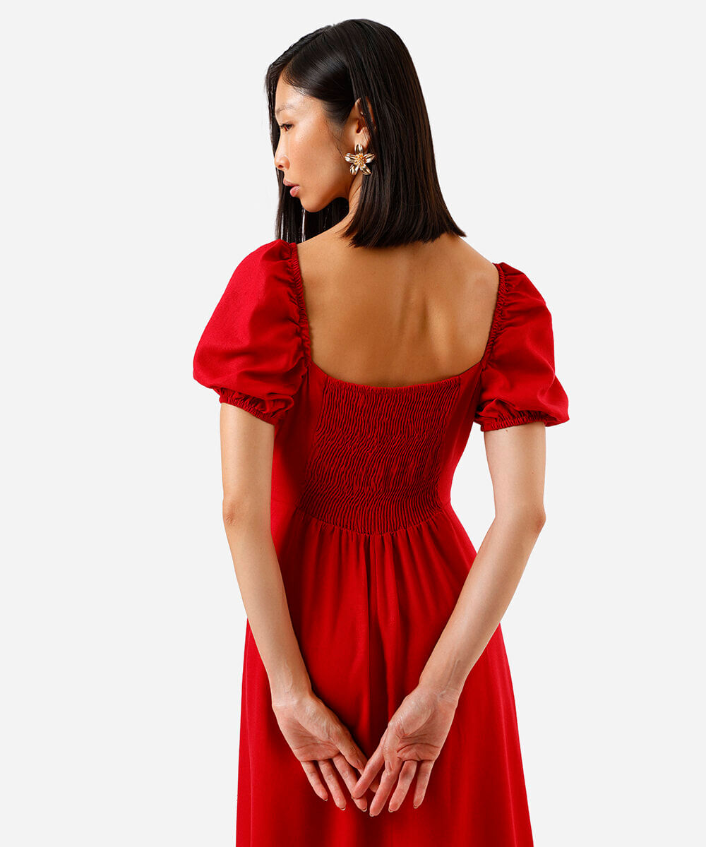 vestido midi feminino com linho decote coração manga bufante vermelho