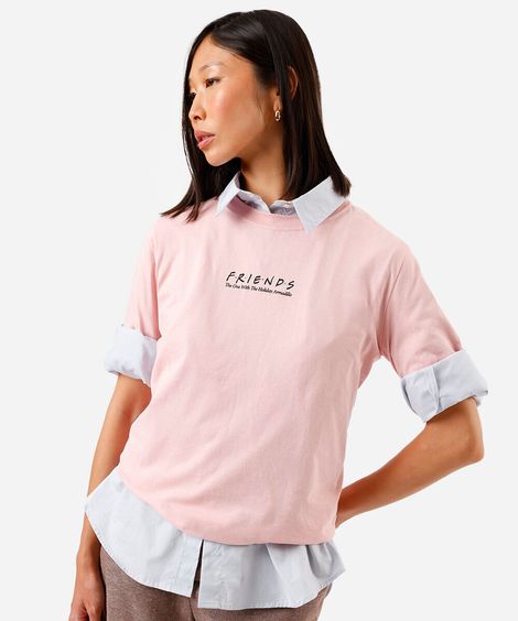 camiseta feminina de algodão com mangas curtas friends rosa