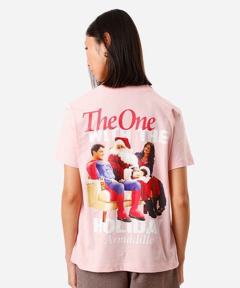 camiseta feminina de algodão com mangas curtas friends rosa