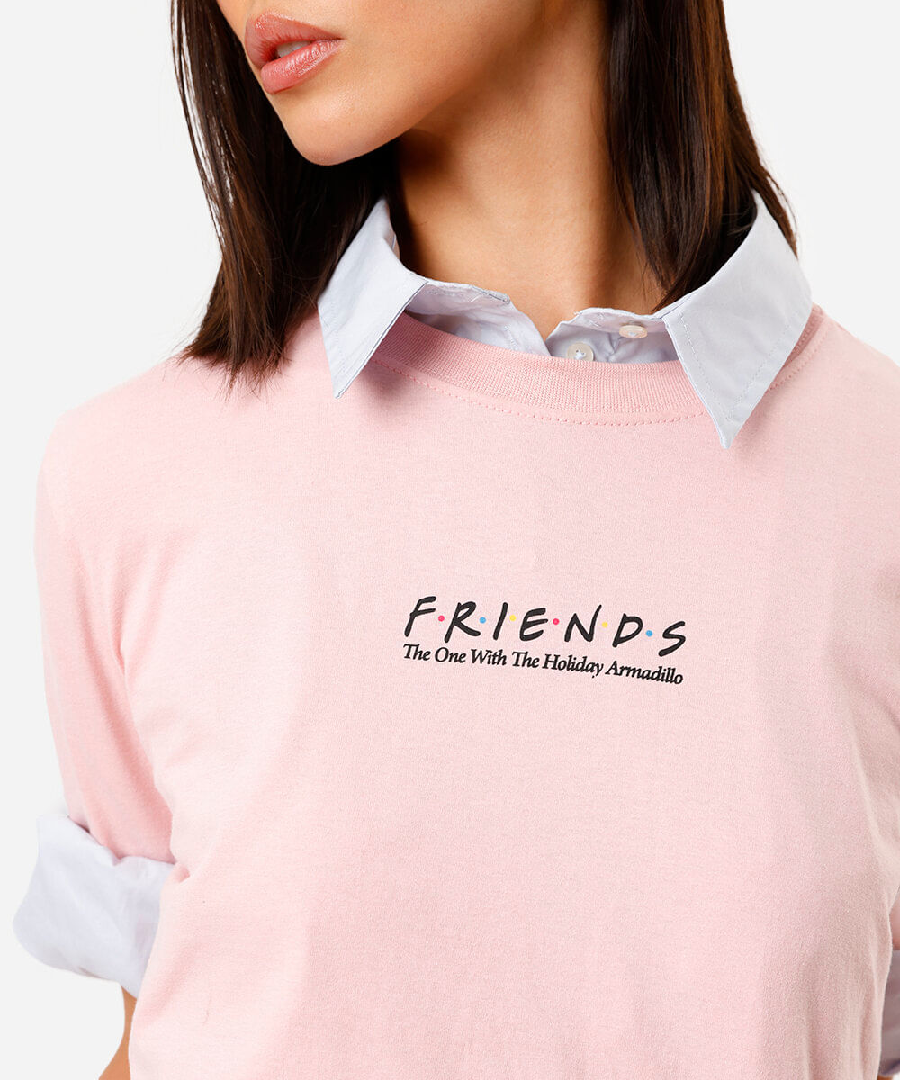camiseta feminina de algodão com mangas curtas friends rosa