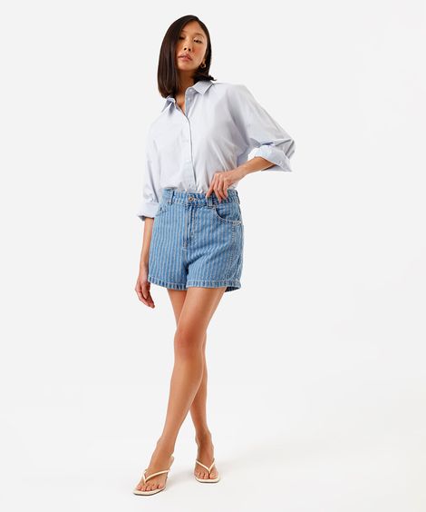 short jeans com cintura média listrado azul