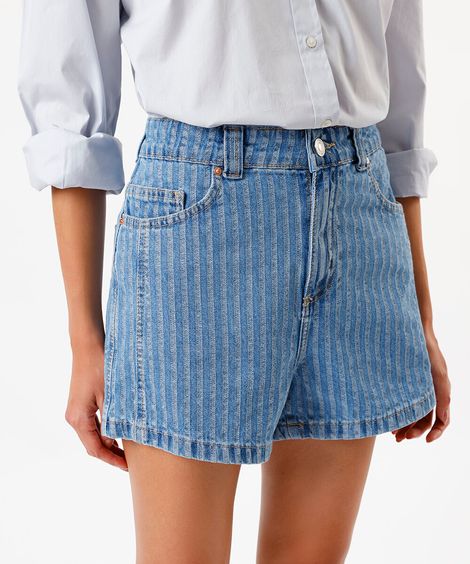 short jeans com cintura média listrado azul