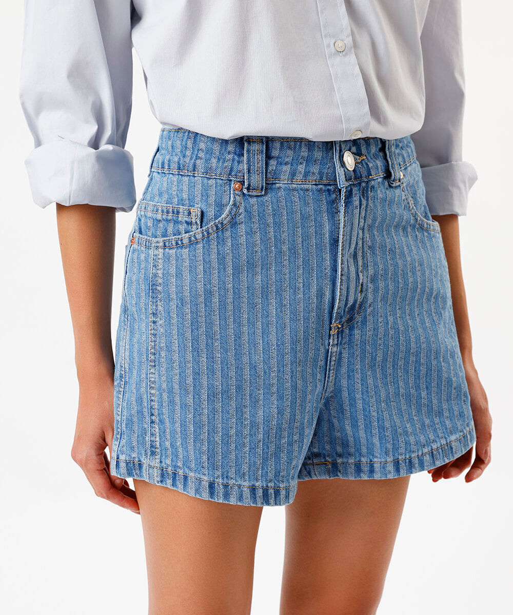 short jeans com cintura média listrado azul