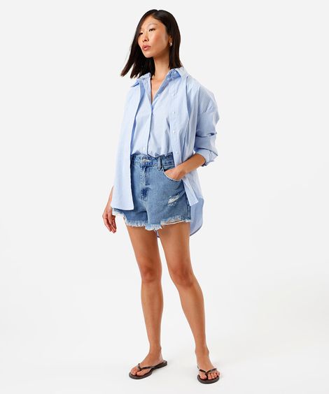 short jeans feminino com cintura média destroyed azul