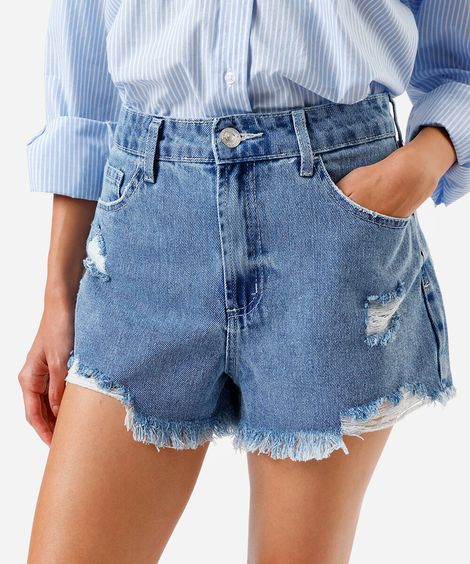 short jeans feminino com cintura média destroyed azul