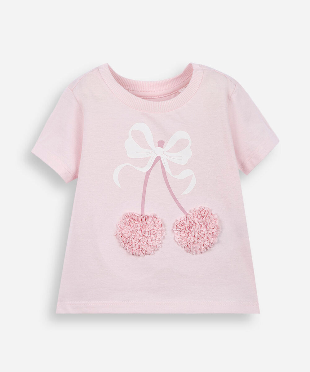 camiseta infantil de algodão com bordado rosa