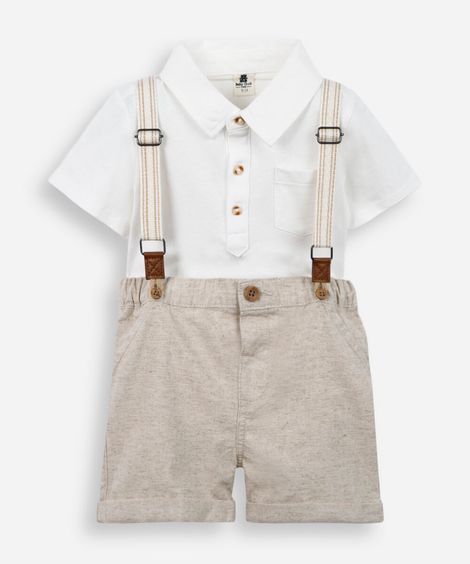 conjunto infantil suspensório linho bege