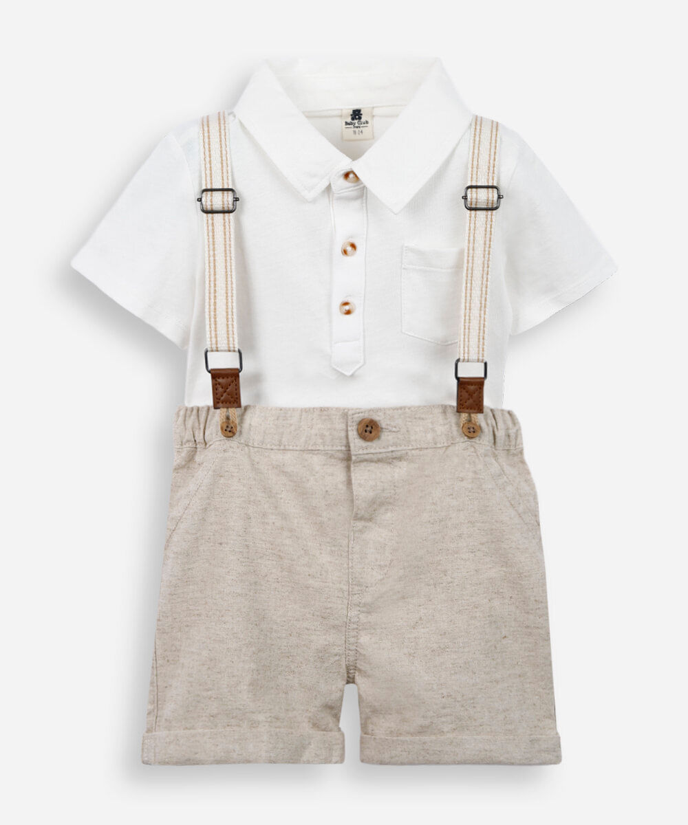conjunto infantil suspensório linho bege
