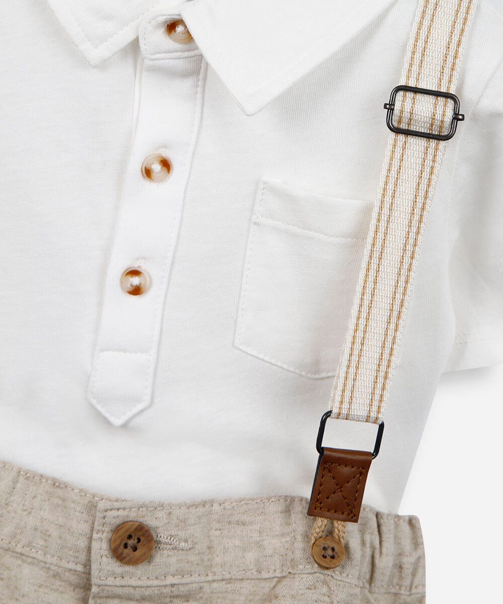 conjunto infantil suspensório linho bege
