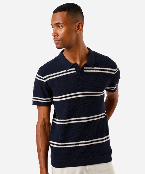 polo de algodão masculina texturizada listrada azul
