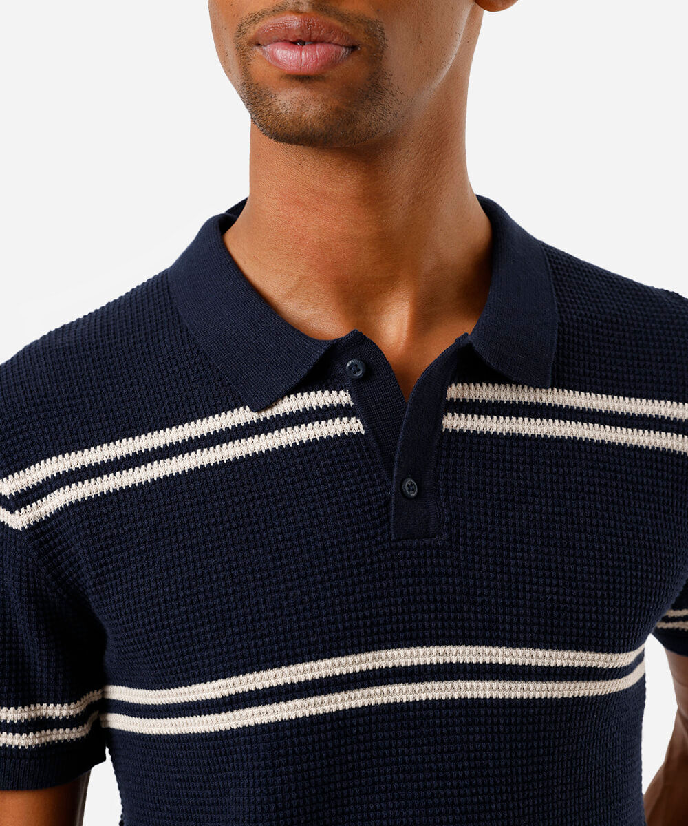 polo de algodão masculina texturizada listrada azul