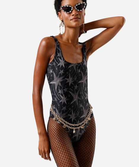 maiô dupla face feminino decote quadrado estrelas preto