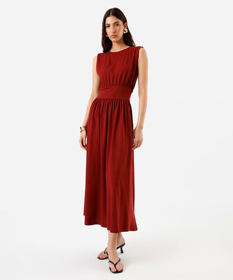 vestido midi feminino de algodão decote redondo vinho