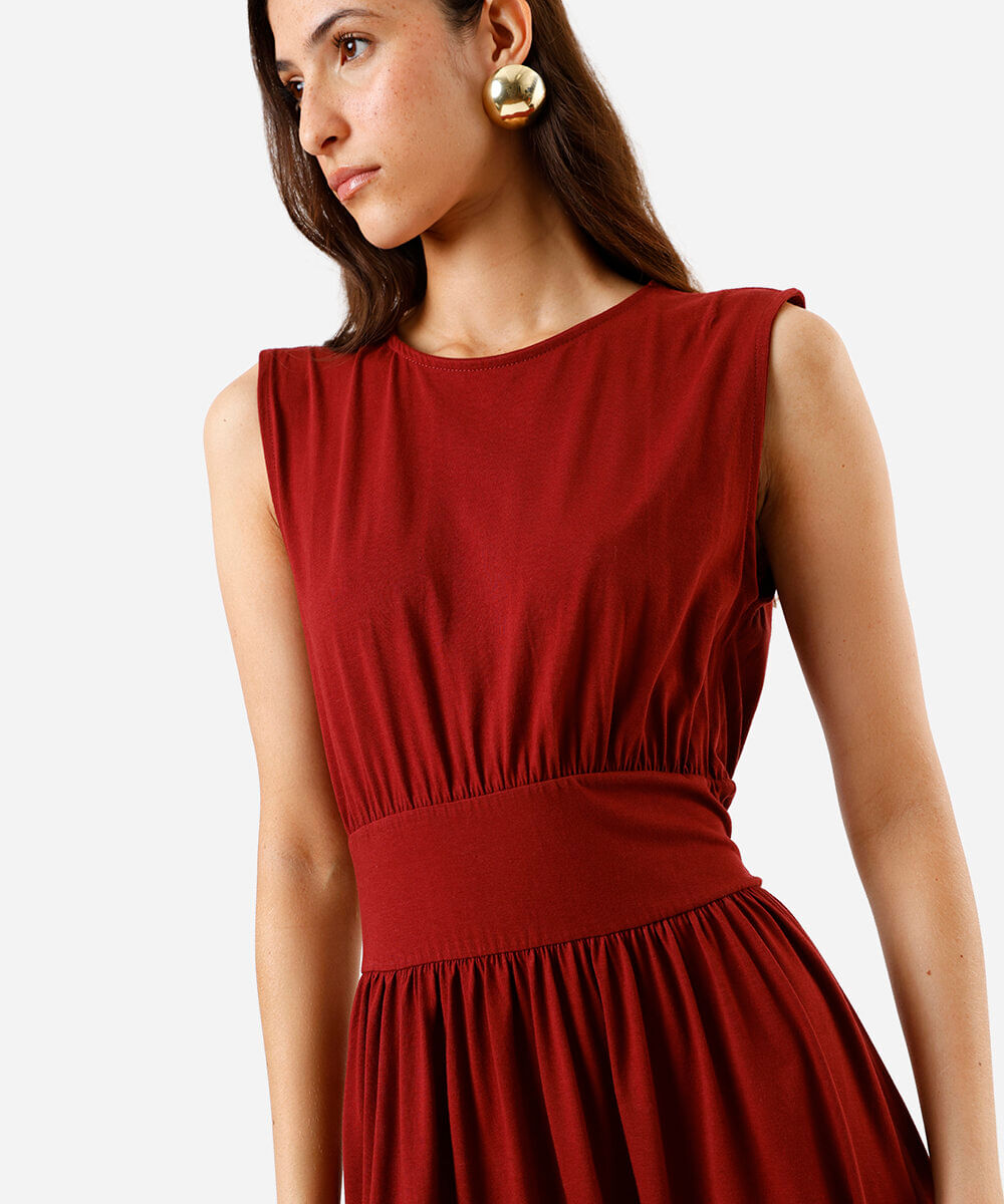 vestido midi feminino de algodão decote redondo vinho