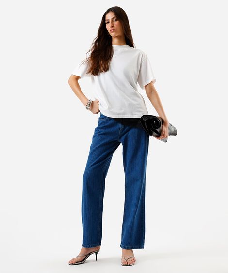calça wide leg slim feminina jeans listrada azul