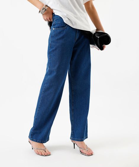 calça wide leg slim feminina jeans listrada azul