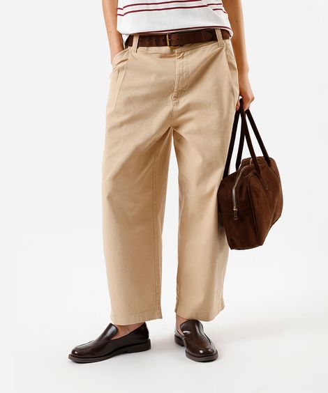 calça feminina baggy sarja cintura média bege