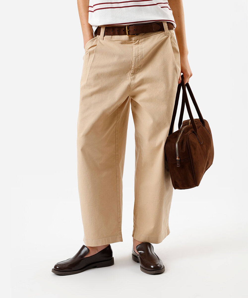 calça feminina baggy sarja cintura média bege