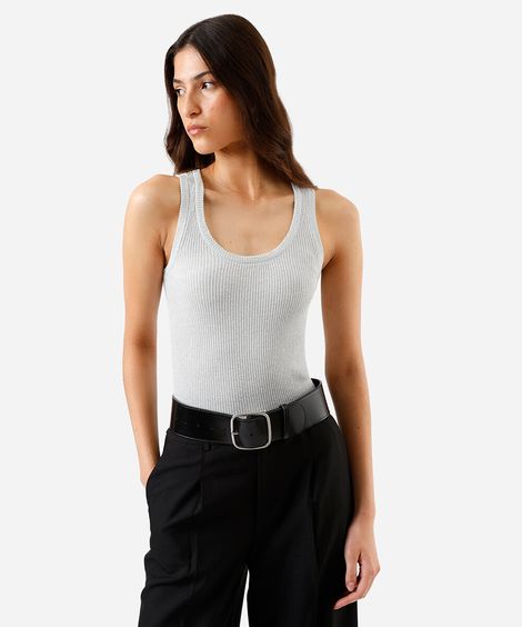 regata feminina de tricot com lurex prateada