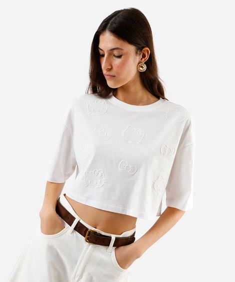 blusa cropped feminina manga curta hello kitty off white