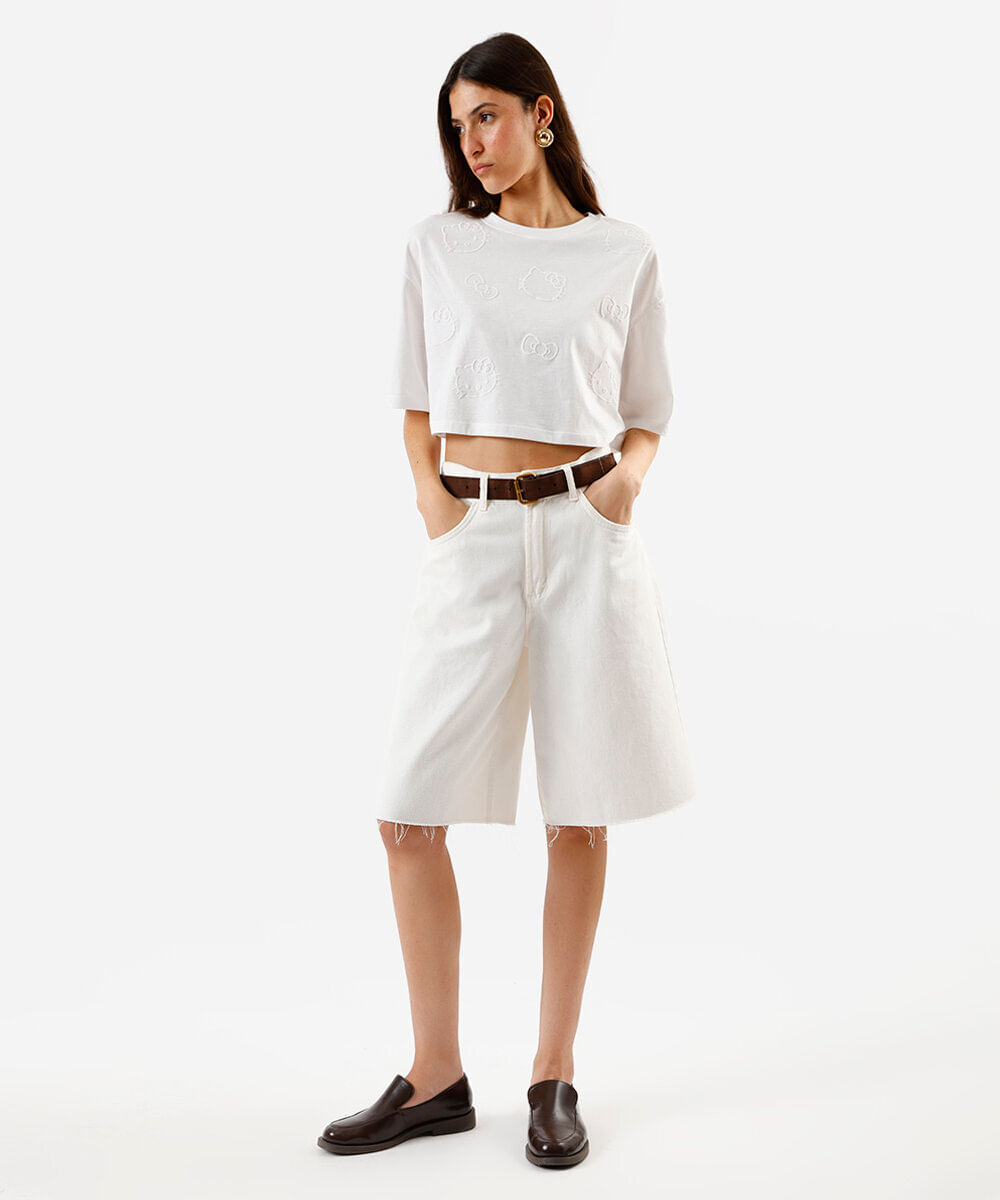 blusa cropped feminina manga curta hello kitty off white