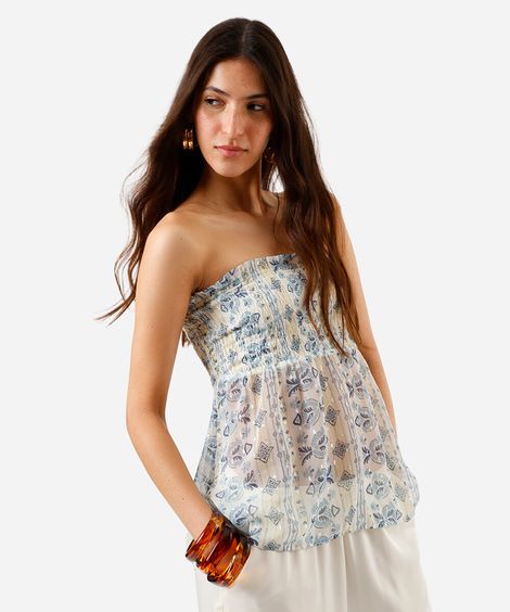 blusa sem alça feminina franzida estampada bege