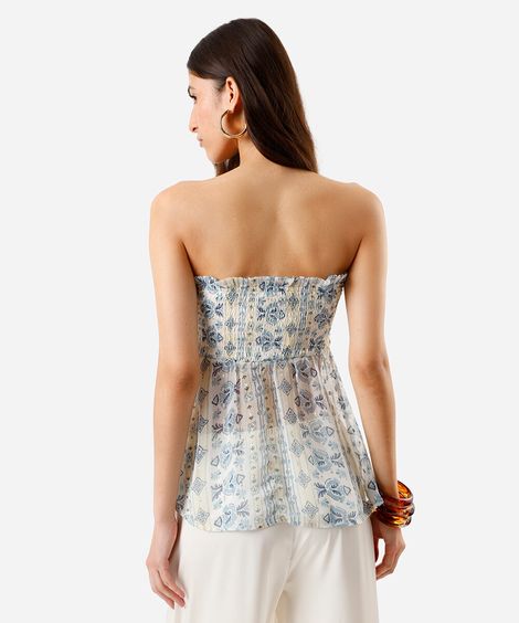 blusa sem alça feminina franzida estampada bege