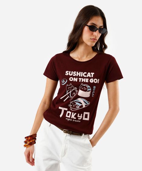camiseta feminina de algodão estampada vinho