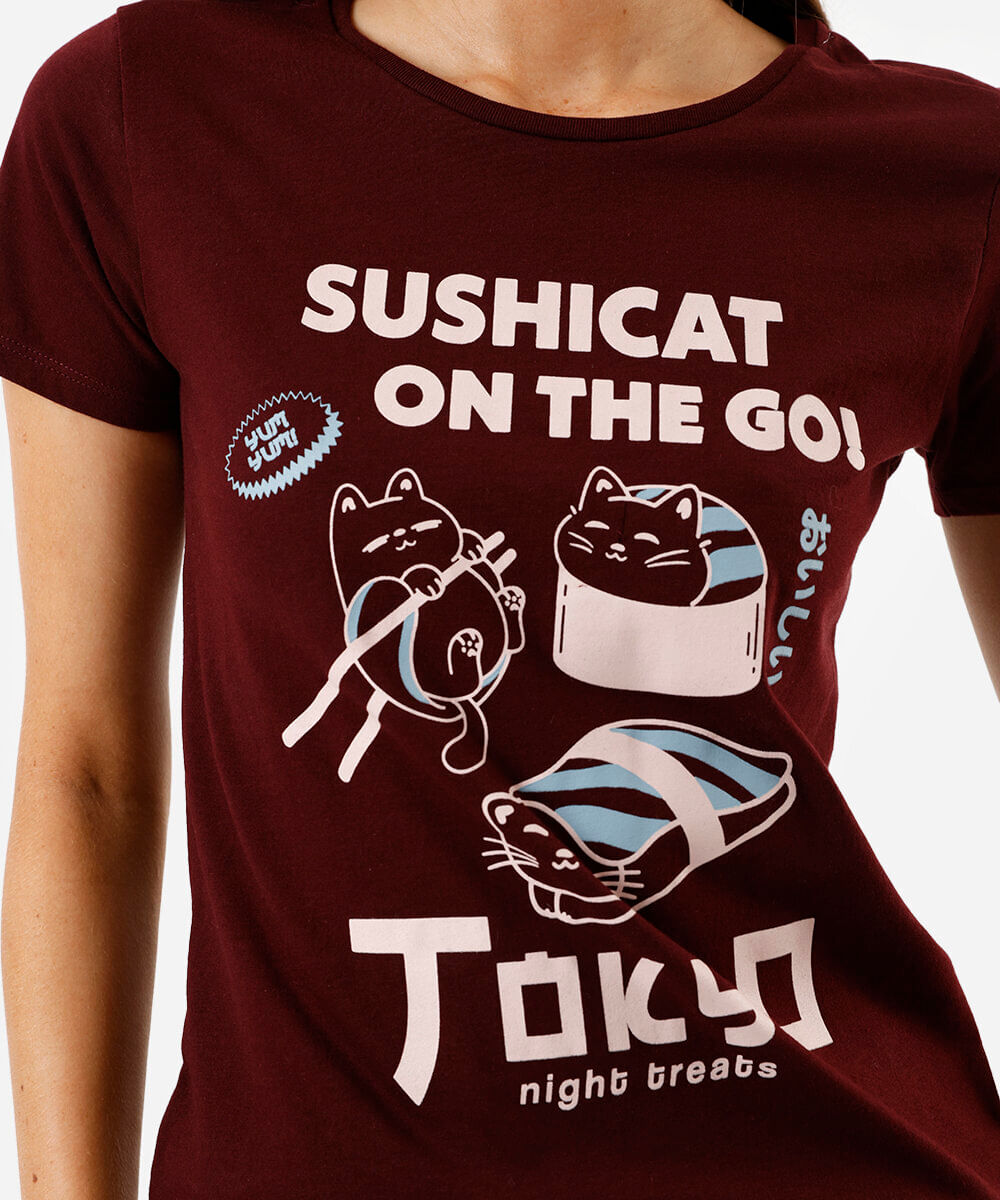 camiseta feminina de algodão estampada vinho