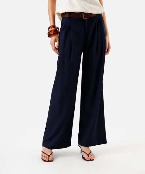 calça wide leg feminina de alfaiataria com linho e pregas azul