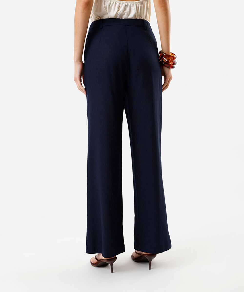 calça wide leg feminina de alfaiataria com linho e pregas azul