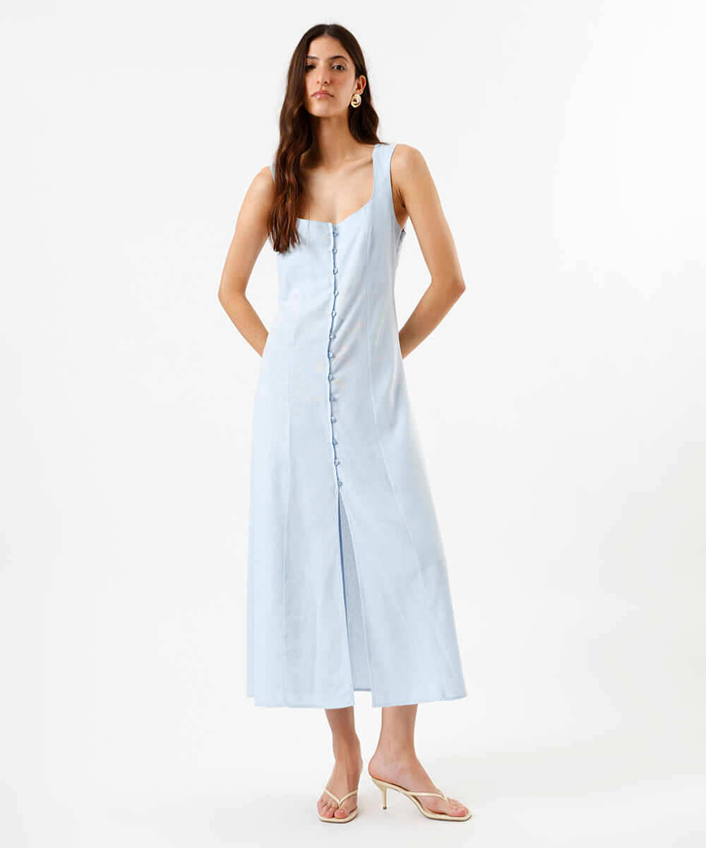 vestido feminino midi com abotoamento e linho azul