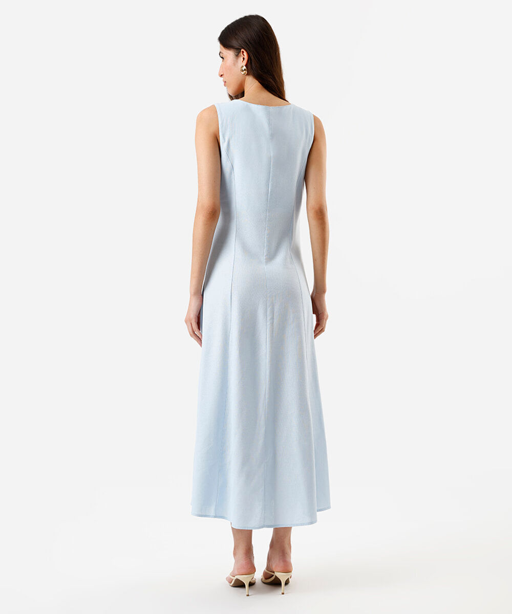 vestido feminino midi com abotoamento e linho azul