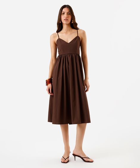 vestido midi feminino com algodão alça fina decote coração marrom