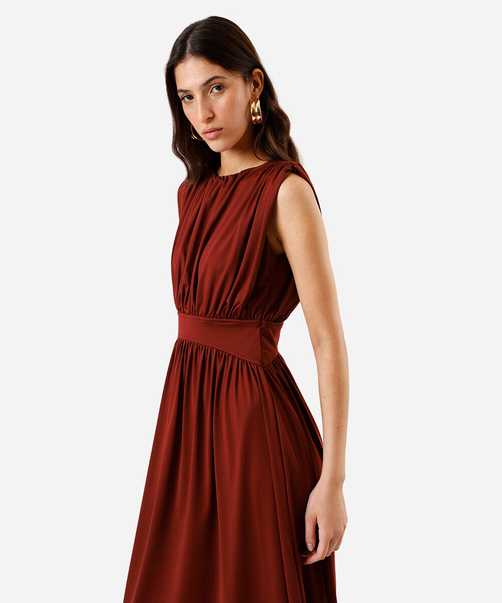 vestido midi feminino franzido vinho