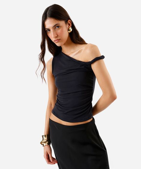 blusa feminina franzida assimétrica preta