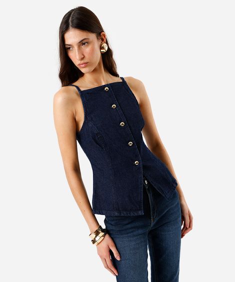regata feminina jeans botões azul