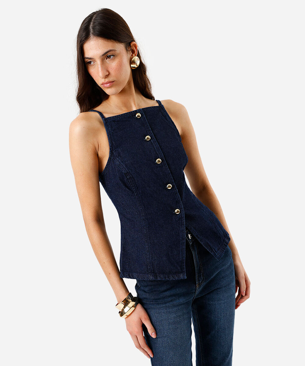 regata feminina jeans botões azul