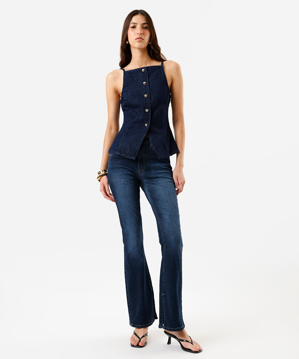 regata feminina jeans botões azul