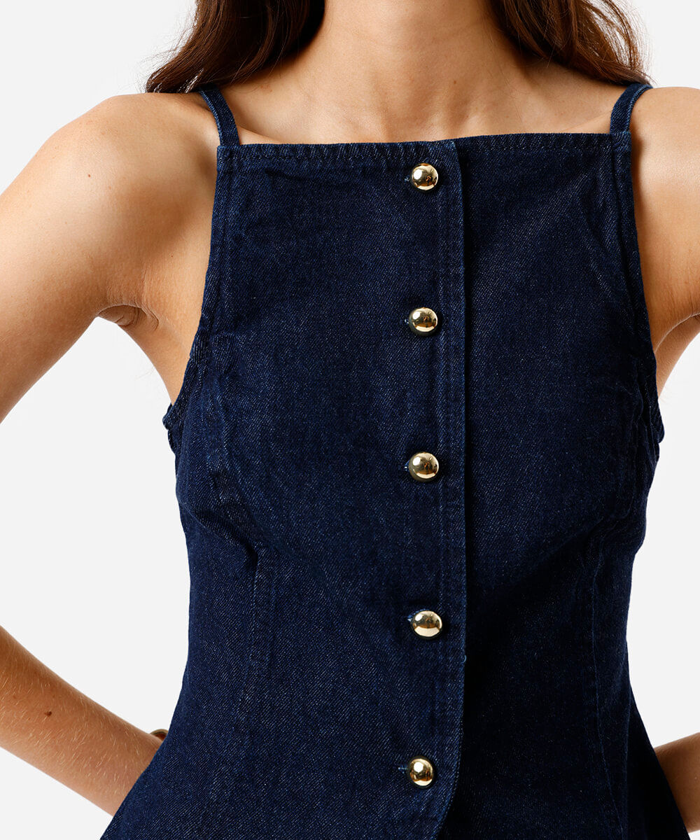 regata feminina jeans botões azul