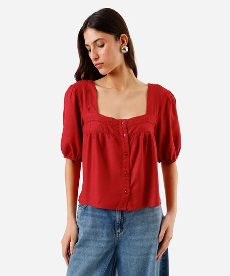 blusa com linho decote quadrado manga bufante vermelha