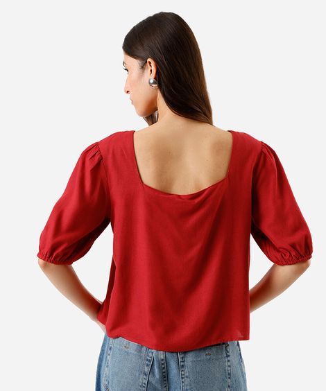blusa com linho decote quadrado manga bufante vermelha