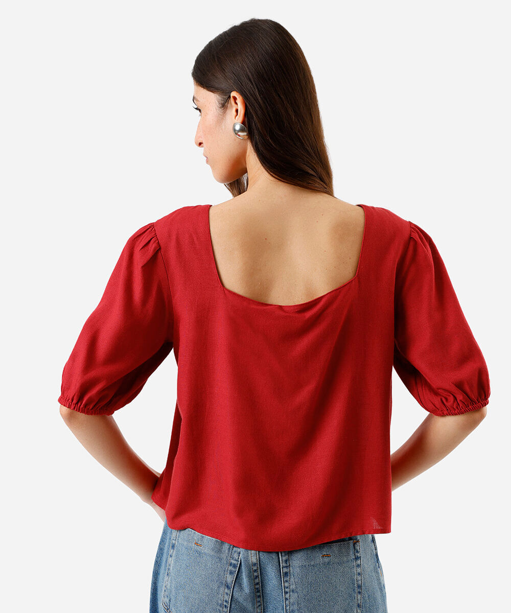 blusa com linho decote quadrado manga bufante vermelha